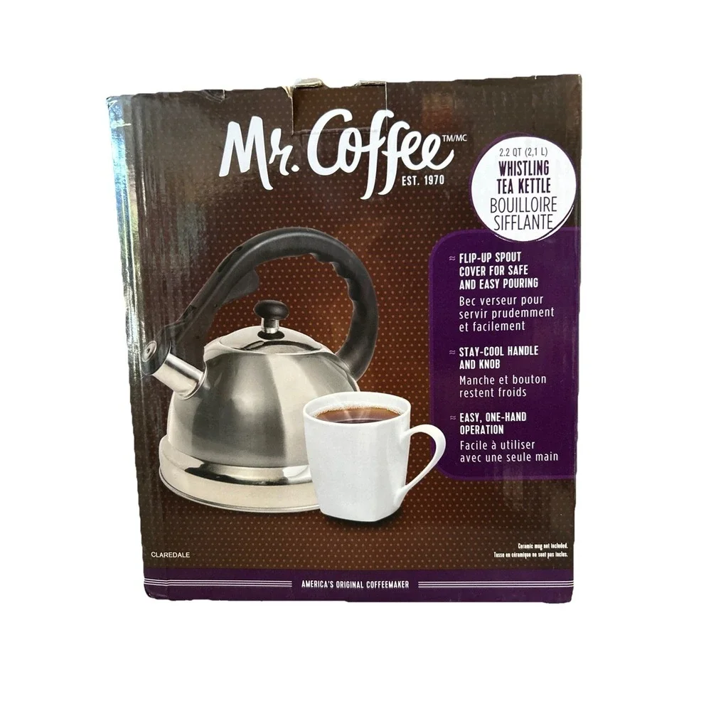 Mr. Coffee Claredale Stainless Steel Whistling Tea Kettle Brushed Satin 2.2qt.